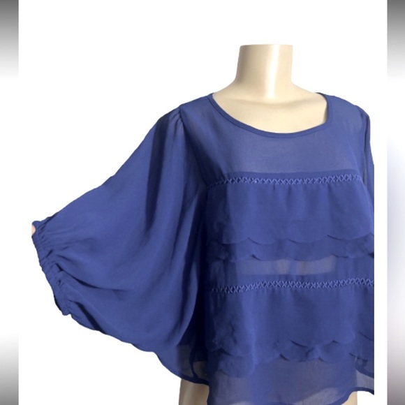 miami Tops - Miami Blue Bell Sleeve Blouse with Asymmetrical Boxy Style Sheer size small